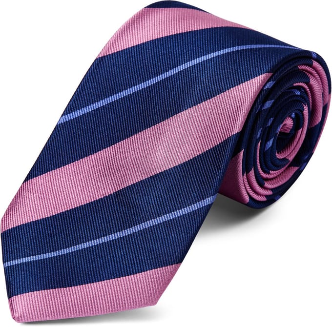 Roze en Marineblauw Gestreepte 8 cm Brede Zijden Stropdas met Pastelblauw Accent