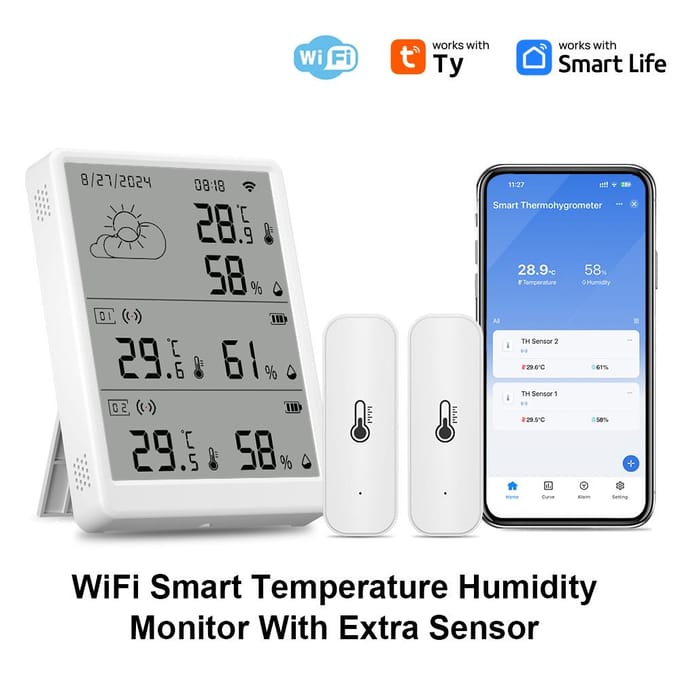 WiFi Slimme Temperatuur Vochtigheidsmonitor Met Sensor APP Afstandsbediening Digitale Temperatuur Vochtigheid wit