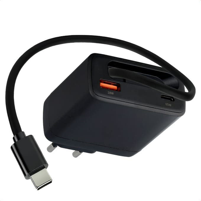 imoshion GaN Oplader met uittrekbare USB-C kabel 65W - USB-A + USB-C - Zwart