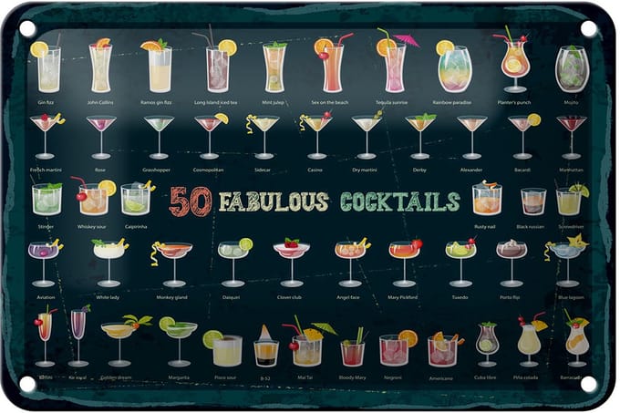 Blechschild Alkohol 50 Fabulous Cocktails Drinks 18x12cm Dekoration