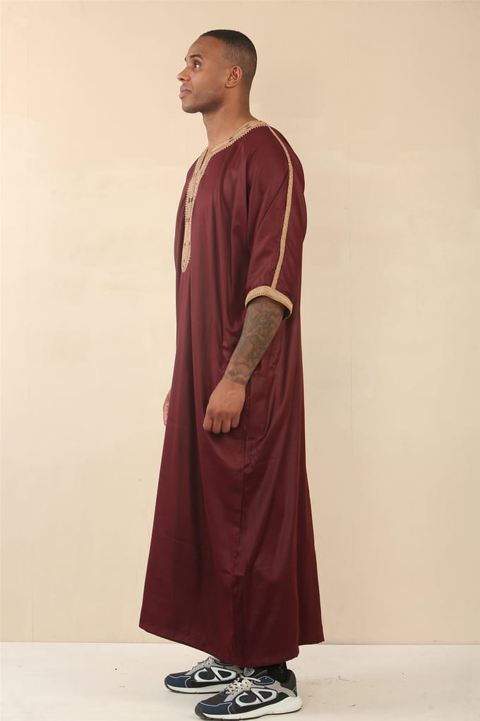 Heren bordeaux Marokkaanse Thobe Jubba Robe Eid Djellaba Gandoura