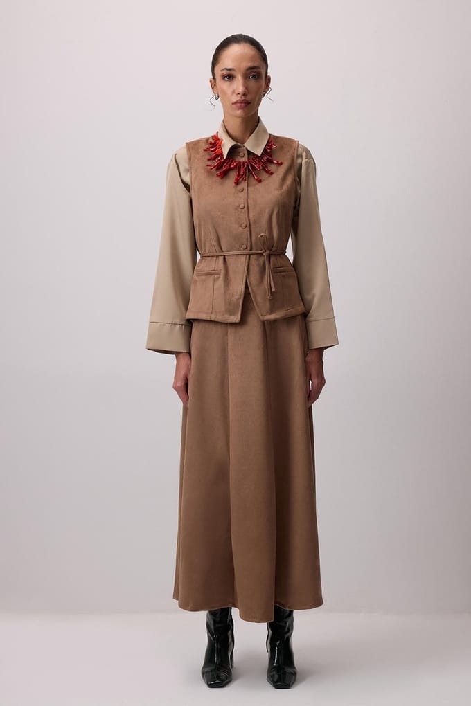 Touché Privé - Suède-look set van gilet ve rok - Taupe - Dames