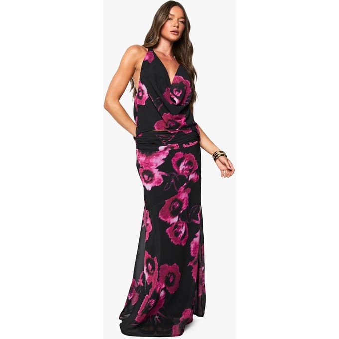 boohoo Dames Bloemen chiffon maxirok met watervalzoom | Maat: 36