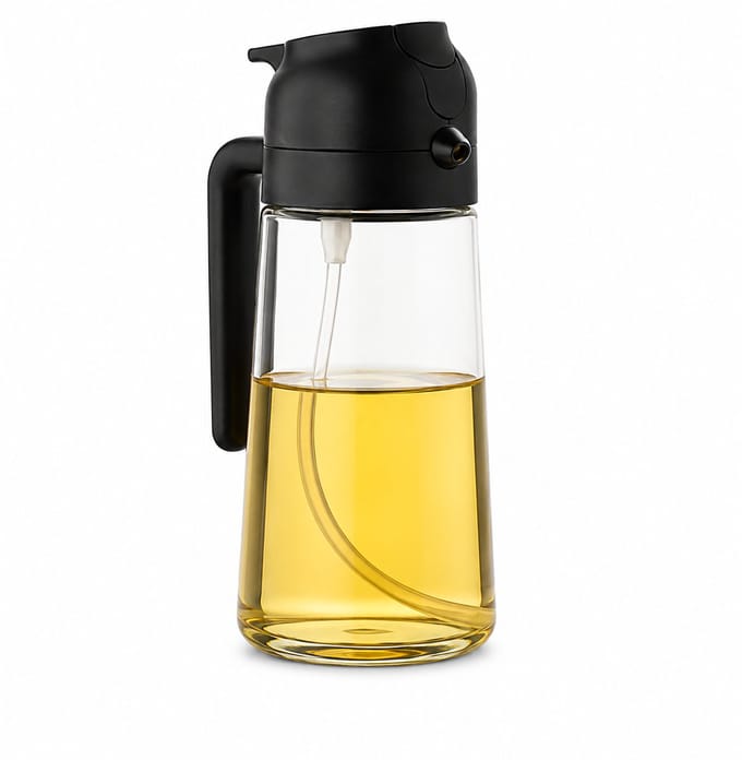 2-in-1 Olieverstuiver & Schenkfles 470 ml – Spray & Gieten – Glazen Oliedispenser voor Airfryer, BBQ, Salades en Koken