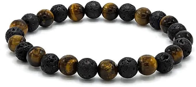 Armband voor brede pols met tijgeroog en lavasteen