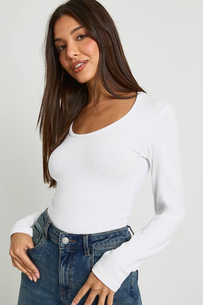 boohoo Dames Basic lange mouwen scoop-hals bodysuit | Wit | Maat: 40