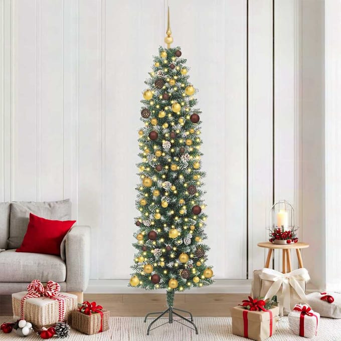 vidaXL - Kunstmatige - slanke - kerstboom - Groen - en - Wit - 210 - cm