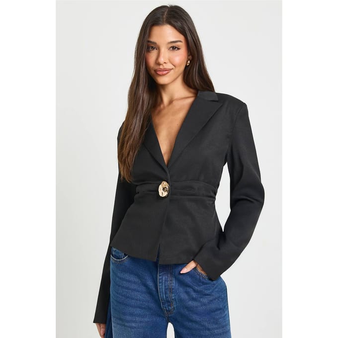 boohoo Dames Gouden knoop gerafelde blazer | Zwart | Maat: 38
