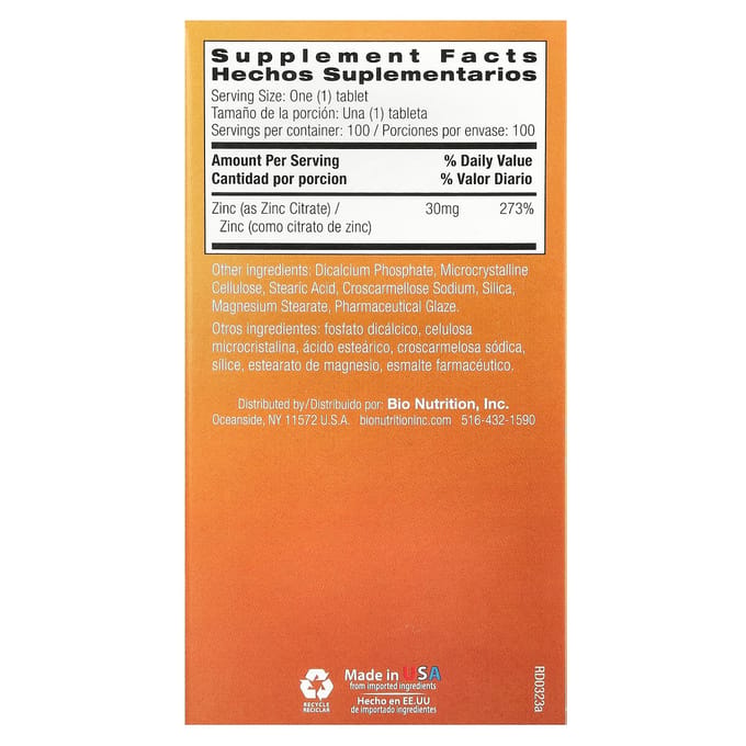 Bio Nutrition, Citrate de zinc, 30 mg, 100 comprimés