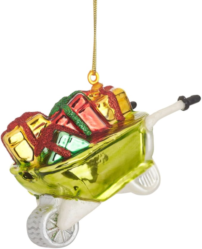 Groene kruiwagen met cadeautjes kerstbal - Sass & Belle