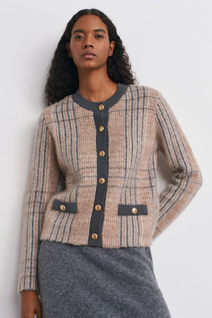 Geruite Jacquard Ronde Hals Cardigan