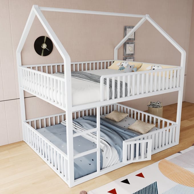 REDOM Bedframe 140x200 cm – Metaal – Wit – Huisvormig hoogslaper met trap & opklapbare deur