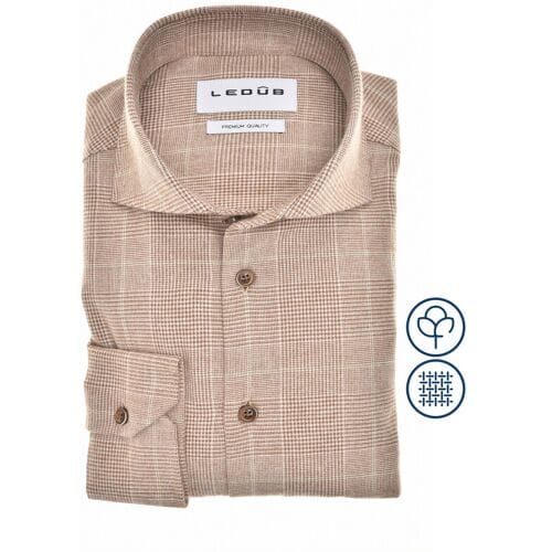 Ledub modern fit overhemd - flanel - middenbruin met wit geruit - Strijkvriendelijk - Boordmaat: 41
