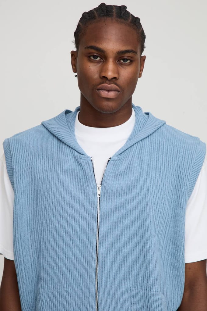 Oversized Fit Geribbelde Gebreide Hoodie met doorlopende rits en Shorts Set | Light Blue | Size Medium