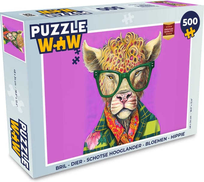 Puzzel Bril - Dier - Schotse hooglander - Bloemen - Hippie - Legpuzzel - Puzzel 500 stukjes