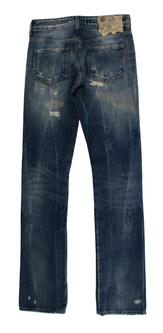 Cavalli Blue Wash Versleten Katoenen Straight Fit Jeans