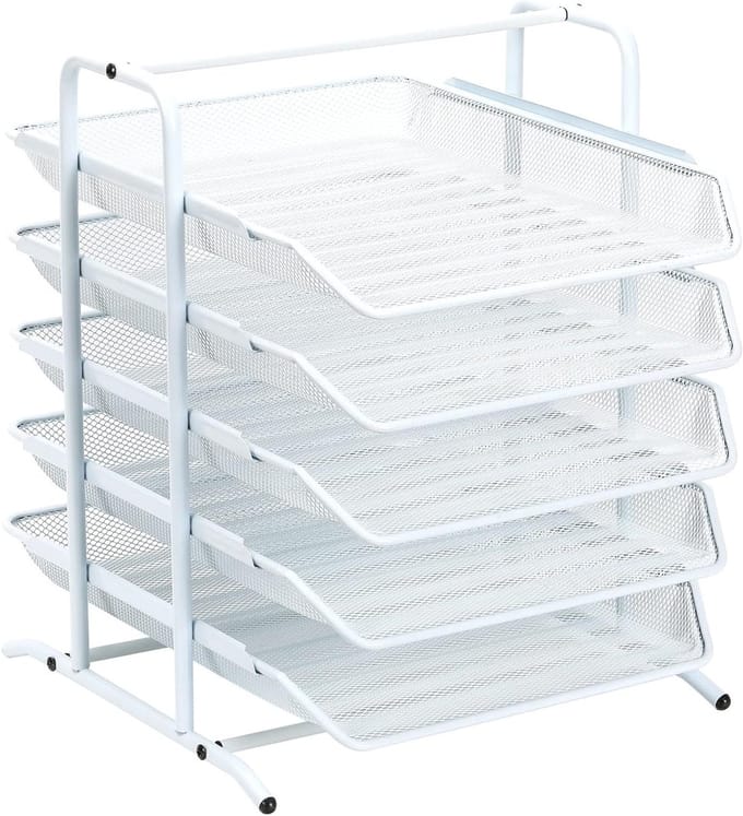 5-Layer A4 Mesh In Tray Desk Organizer voor Documentopslag en Letterpapier, Wit - Ideaal voor Kantoor en Thuisgebruik