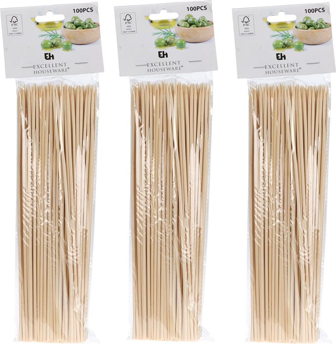 Excellent Houseware Sateprikkers - 300x - bamboe hout - 25 cm - barbecue spiezen - satestokjes