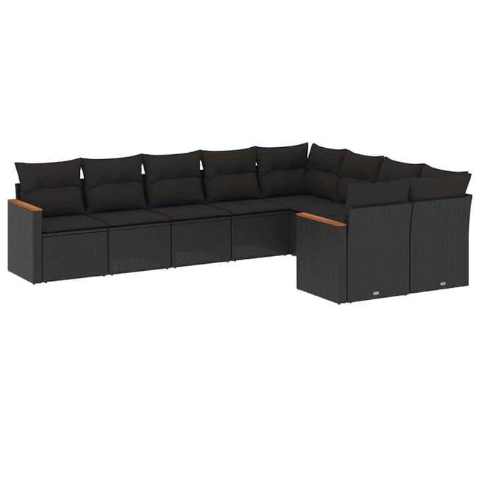 vidaXL - 9-delige - Loungeset - met - kussens - poly - rattan - zwart