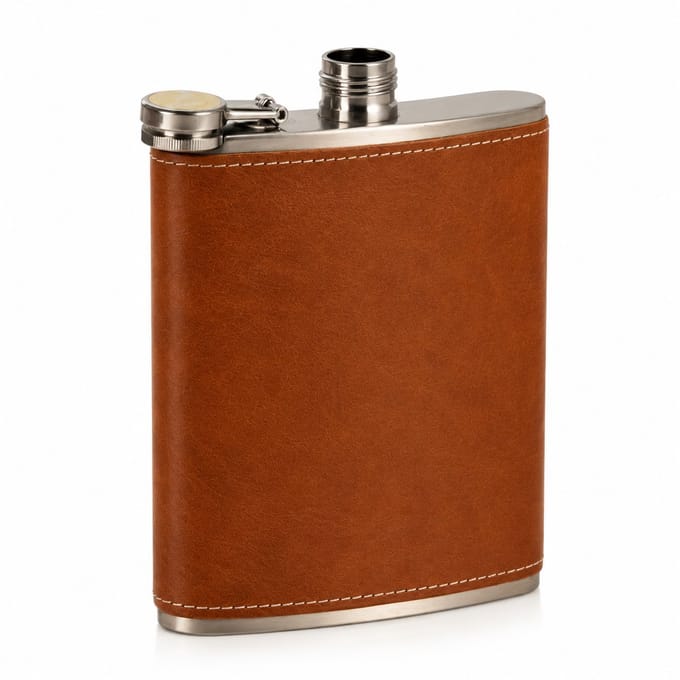 Bruine Heupfles 224 ml – RVS Zakfles met PU-Leren Afwerking – Lekvrij – Compact & Stijlvol