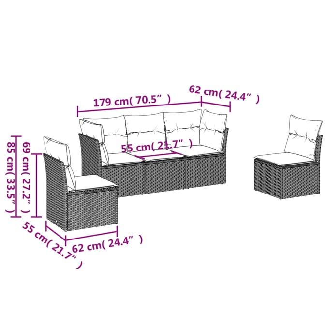 vidaXL - 5-delige - Loungeset - met - kussens - poly - rattan - grijs
