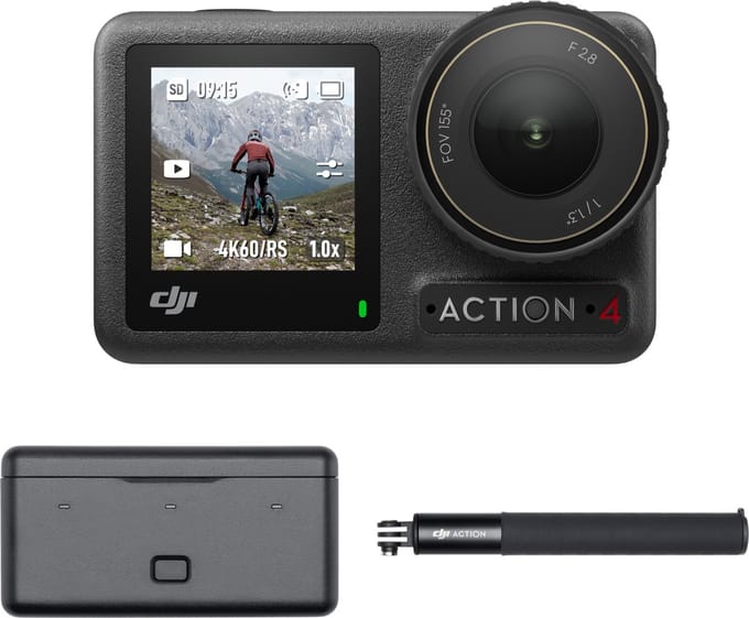 DJI Osmo Action 4 avonturenset - waterdichte 4K/120 fps-actioncamera met 1/1,3 inch-sensor, 10-bits kleurdiepte en D-Log M-kleurmodus, ultrabrede