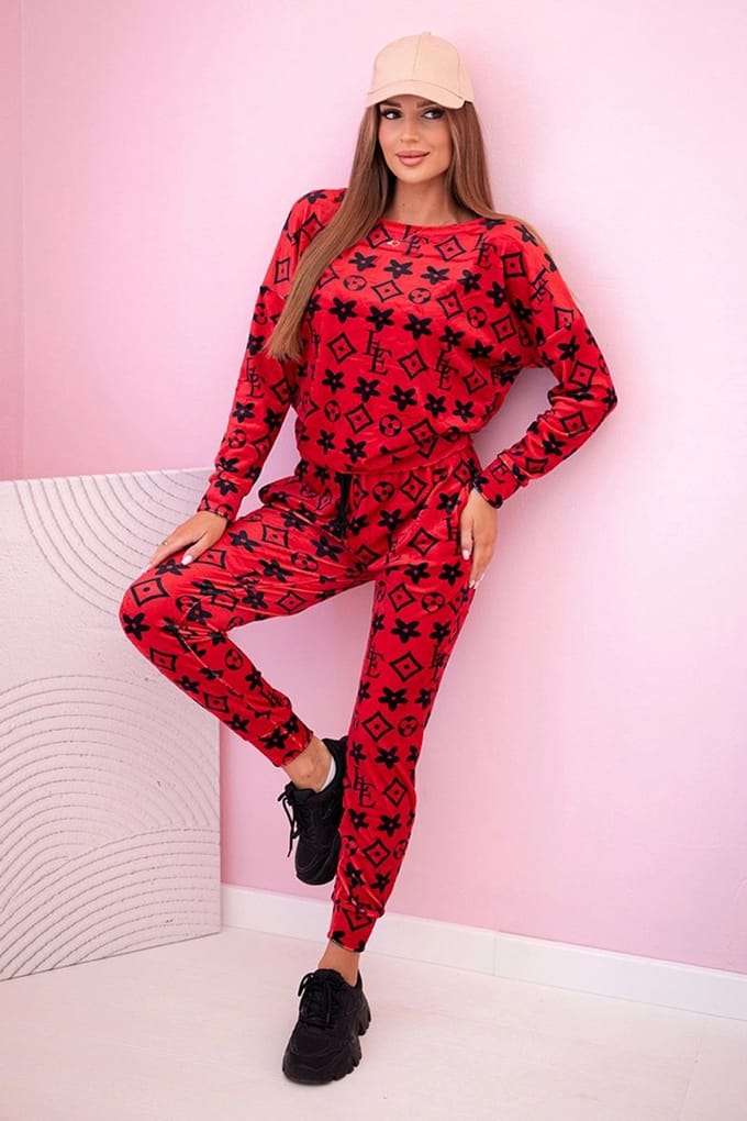 Dames joggingpak huispak vrijetijdspak velours met monogram rood maat M