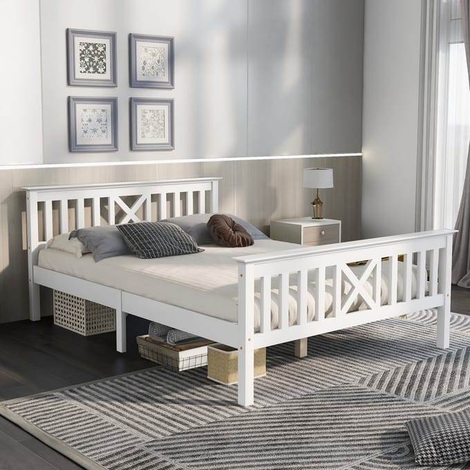 MODFU - Bedframe 140x200 cm – Wit massief hout met X-vormig hoofdbord – Lattenbodem