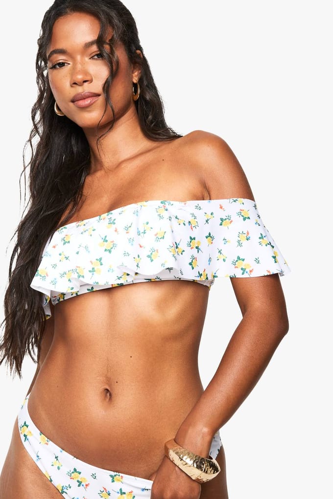 boohoo Dames Bloemige ruches Bardot bikini-top | White | Maat: 14