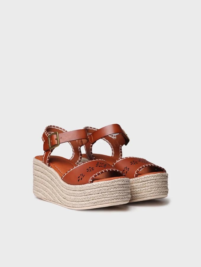 Dames leren espadrille met jute plateauzool en gesp | JOANA