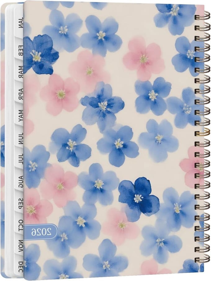 Planner 2026 - Week Maandkalender - Jaar Plannen - Maandelijkse Tabs - A5 Formaat - Blauwe Bloem