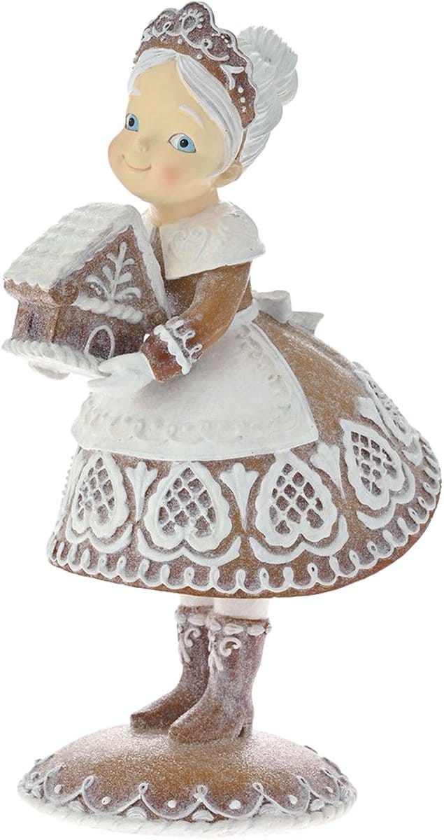 Viv! Christmas Kerstbeeld - Gingerbread Mrs. Claus met Snoephuis - bruin wit - 33cm