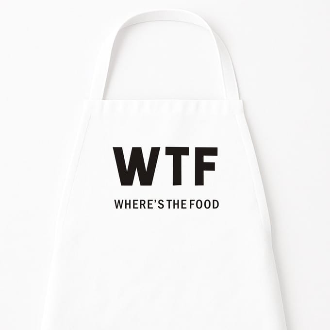 Go Mama - Keukenschort “WTF, where’s the food” – Grappig kookschort – One Size – Verstelbaar – Wit – Humor cadeau
