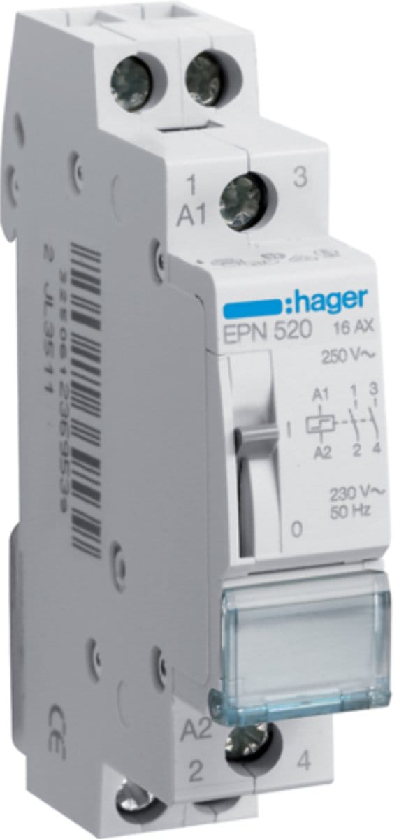 Hager - Impulsschakelaar 1MODULE 2 normaal open contacten 16A 230VAC - EPN520