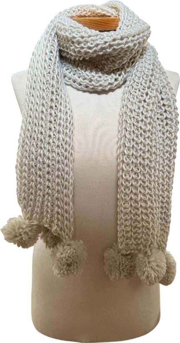 sjaal dames - gebreid - beige - met ponpon - 150cm lang en 20cm breed
