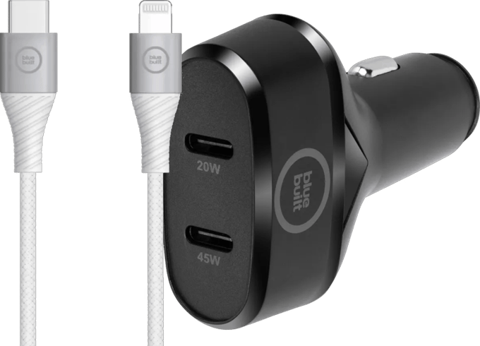 BlueBuilt Power Delivery Autolader 45W Zwart + Lightning Kabel 1,5 Nylon Wit