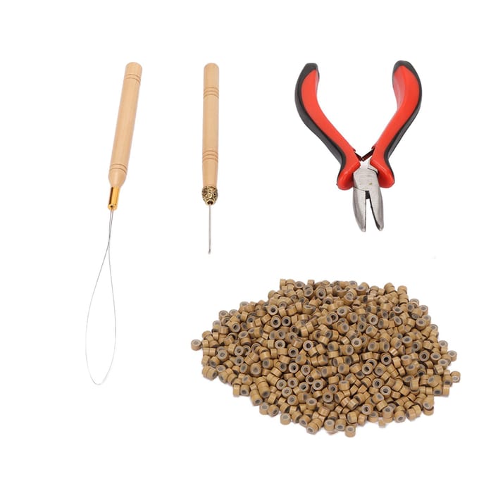 Hairextension Gereedschapskit Micro Siliconen Ringen Kraal met Tang Trekhaak Haak Haak Hairstyling brown