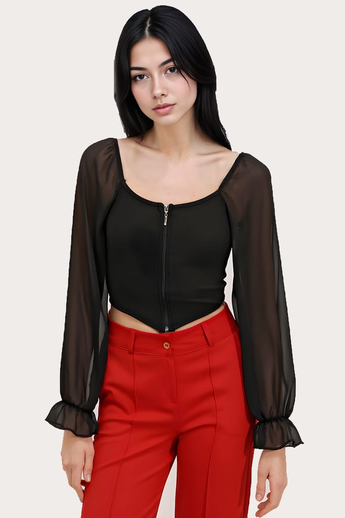 Geribbelde Rits Cropped Blouse met Vierkante Kraag