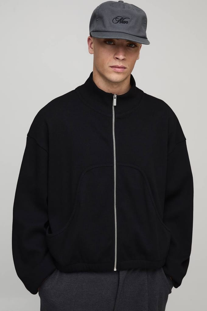 Oversized Boxy Rib Jersey Funnel Neck Track Top | Black | Size Small
