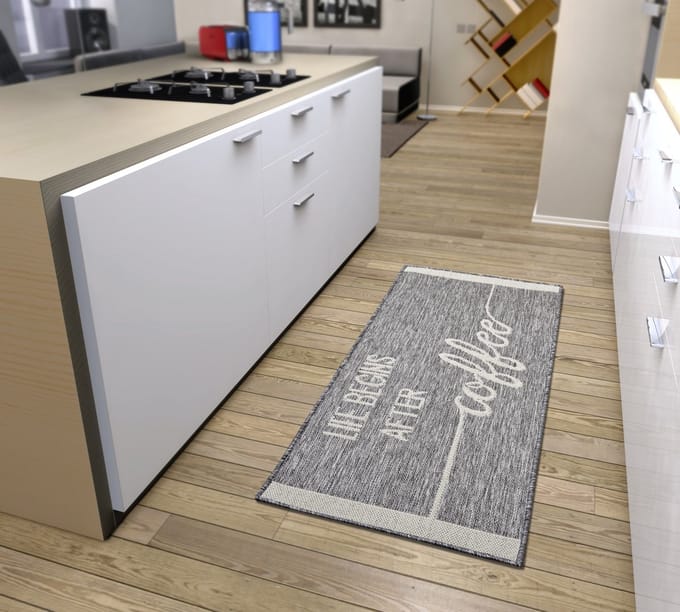 Flycarpets Loper Keuken - Life Begins After Coffee - Grijs / Creme 92x150 cm