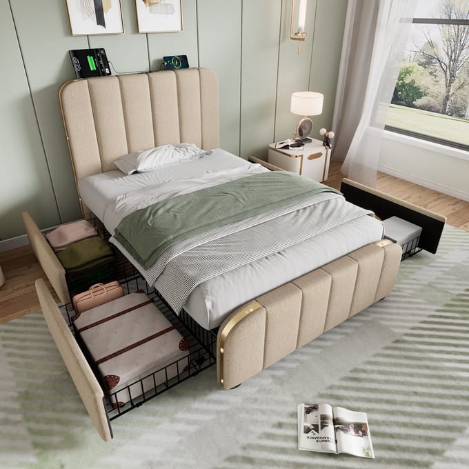 REDOM Bedframe 90x200 cm van linnen, met hoofdbord en USB/Type-C