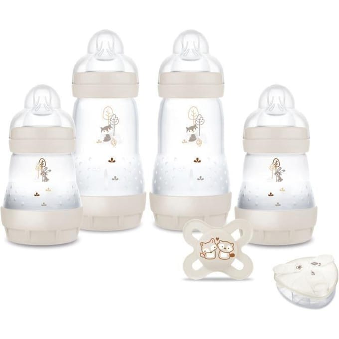 Coffret Naissance - MAM - 4 Biberons + 1 Sucette + 1 Boîte doseuse - Sable