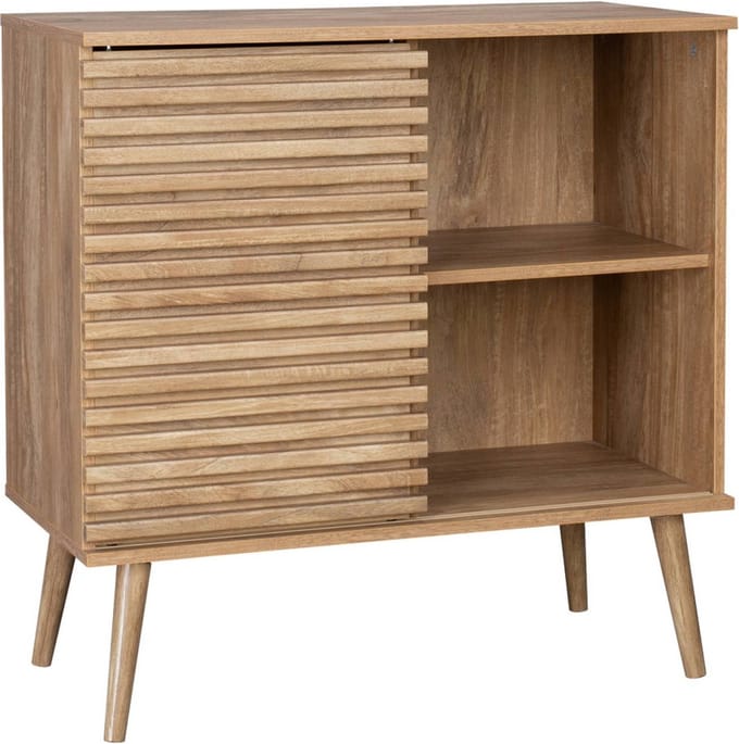 sweeek - Dressoir 1 schuifdeur en plank gegroefde houtlook 80cm - madere