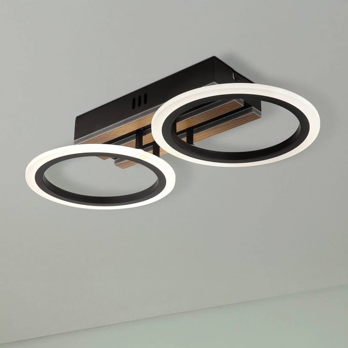 Globo LED plafondlamp Blevins, 2-lamps, zwart/houtlook, lengte 46 cm