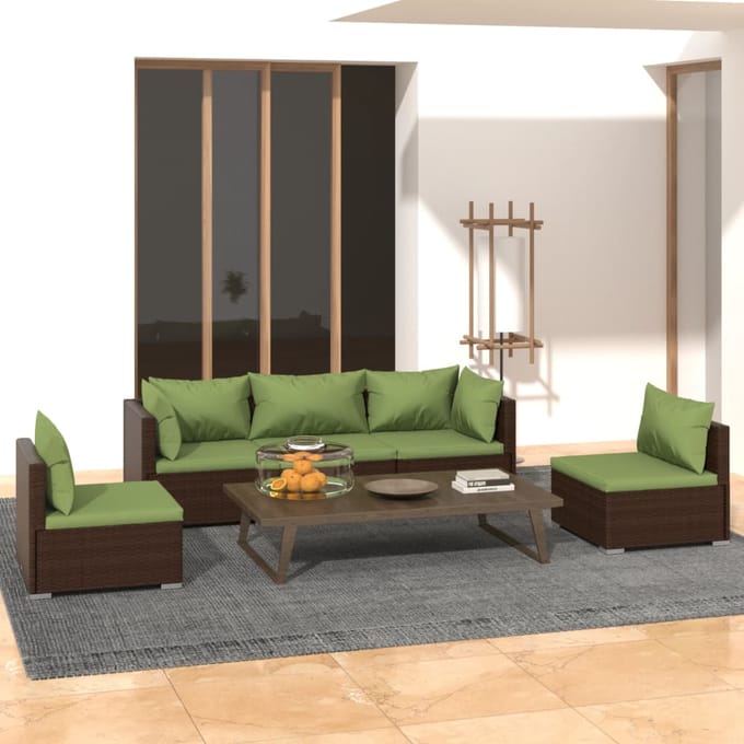 vidaXL - 5-delige - Loungeset - met - kussens - poly - rattan - bruin