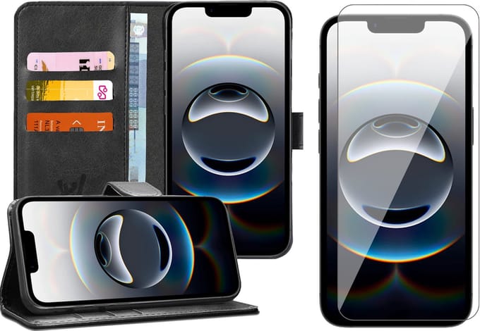 Hoesje geschikt voor iPhone 16e - Screenprotector Glas - Portemonnee Book Case Zwart