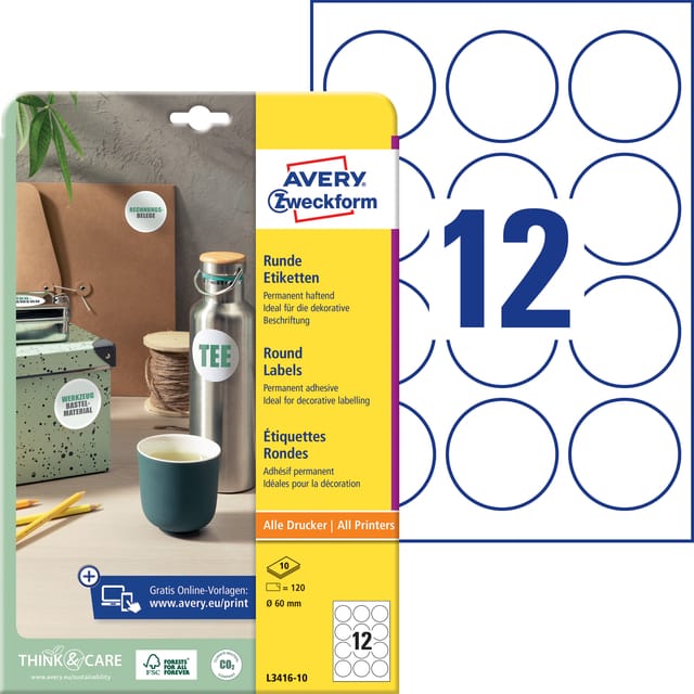 Etiket Avery 60mm rond wit 10 vel 12 etiketten per vel