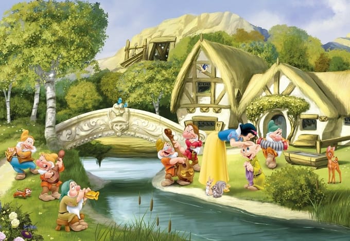 Fotobehang - Sneeuwwitje- Disney - Prinsessen - Dwergen - Bos- Groen - Papierbehang - 3,68 x 2,54