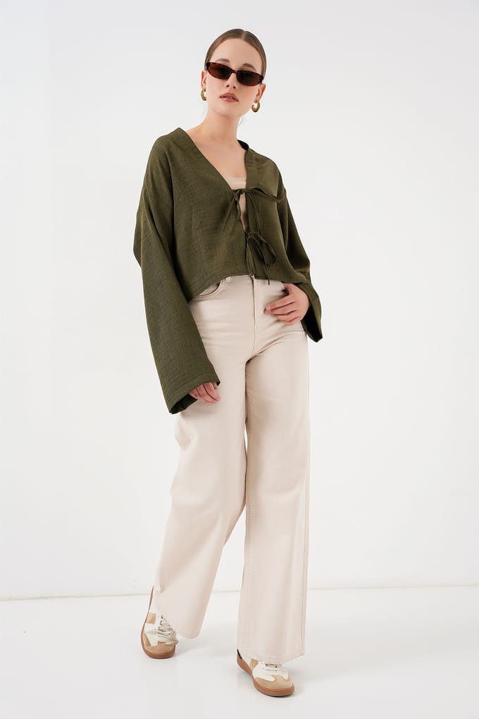 Viscose Blend V-Hals Lange Mouw Kimono met Binding Detail