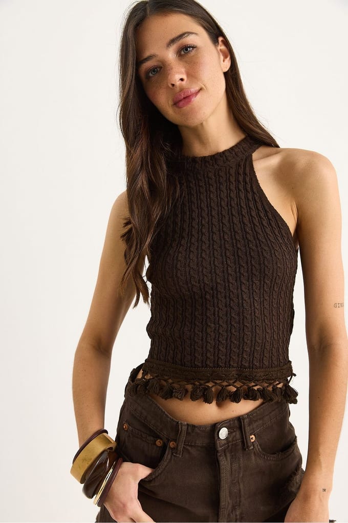 Gestructureerde Halternek Fitted Crop Blouse